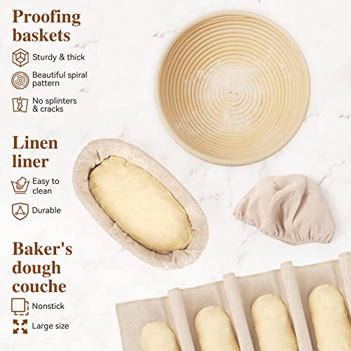 Lorzon Banneton Proofing Basket Set Of 2, 10 Inch Round & Oval Cane Bread Proofing Baskets With Sourdough Bread Baking Supplies, Bread Making Kit #TOP2