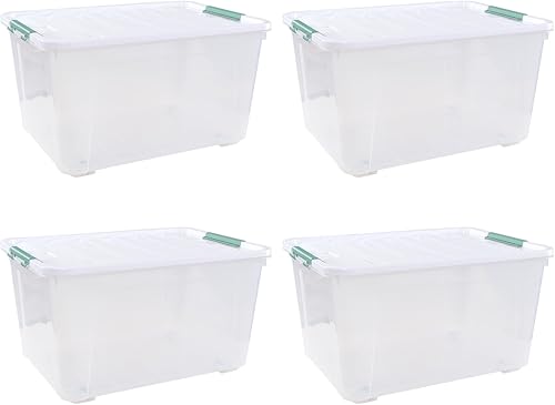 Miniatura 7 de Paquete de 4 cubos organizadores grandes de plástico transparente con tapas, 85 cuartos de galón, cajas apilables transparentes para dormitorio,