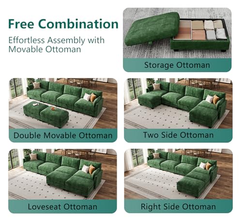 Image of Modular Sectional Sofa, 132 inch U Shaped Couch with Storage | High Resilience Foam, 22 inch Seat Depth, Movable Ottoman, Comfy Chenille, Easy Assembly, Green