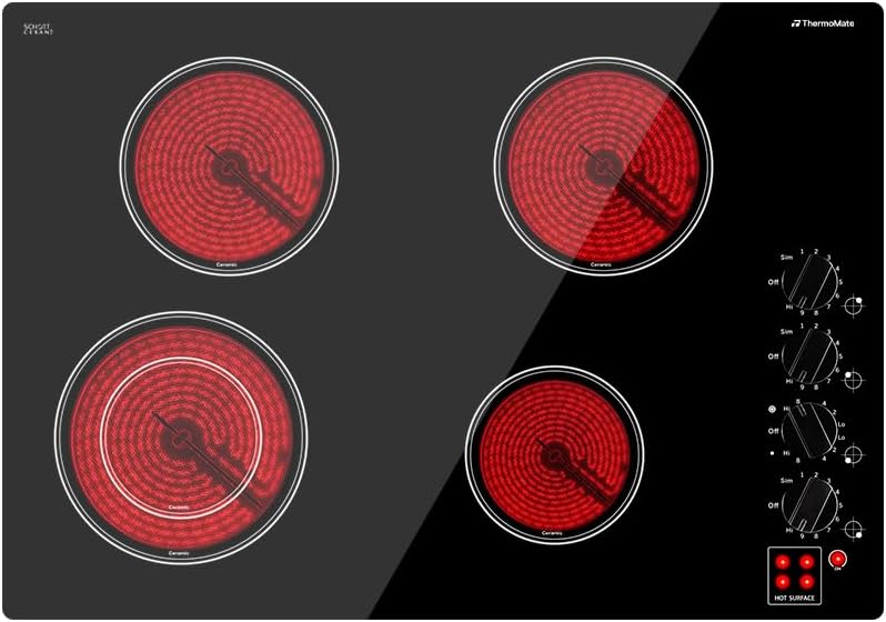 ThermoMate 30 Inch Electric Cooktop 4 Burners ETL Certified, Knob Control Built-in Radiant Electric Stove Top, Schott Glass Panel, 7300W, 9 Heating Level, Chlid Lock & Timer, 240V ThermoMate 30 Inch Electric Cooktop 4 Burners ETL Certified, Knob Control Built-in Radiant Electric Stove Top, Schott Glass Panel, 7300W, 9 Heating Level, Chlid Lock & Timer, 240V