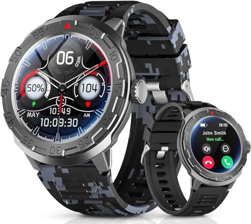 Smart Watch for Android iOS, Bluetooth Call, 100+ Sports Modes, 1.46" AMOLED Rugged Military Fitness Watch, Heart Rate/Sleep/Fitness Tracker, IP68 Waterproof Smartwatch for Men Women(Camo+Black Bands)