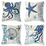 Pack of 4 Decorative Throw Pillow Covers 18x18 Inch Ocean Theme Holiday Octopus Starfish Shell Squid