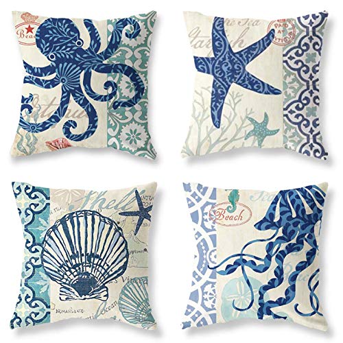 Pack Of 4 Decorative Throw Pillow Covers 18X18 Inch Ocean Theme Holiday Octopus Starfish Shell Squid Travel Cool Square Pillow Case Coastal Cushion Cover Home Decor Sofa Car Bedroom Pillows Covers #TOP4