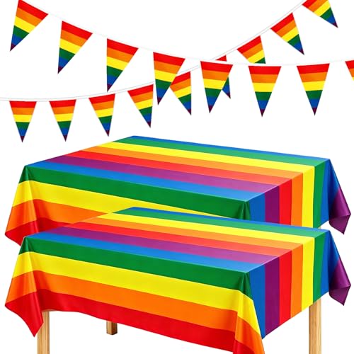 MARFOREVER 2 Pcs 54 x 108 inch Rainbow Tablecloth Pride Month Decorations