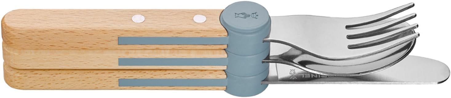 OPINEL Le Petit Gourmet Set de Couverts pour Enfants – Personnalisable avec Gravure – 4 pièces en Acier Inoxydable, idée Cadeau pour Naissance, baptême ou Anniversaire (Bleu Pluie)