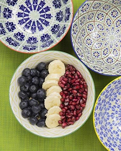 KitchenCraft Patterned Cereal Bowl Set in Gift Box, 4 Ceramic Bowls Ideal for Ice Cream, Soup and More, 'World of Flavours' Designs, 15cm
