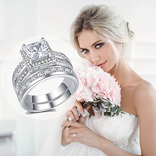 CEJUG 3Ct Princess Wedding Rings for Women Engagement Ring Set Bands 18k White Gold Plated Halo Cz Size 6-102