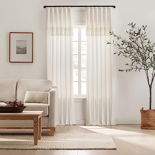 Mercantile Lucinda Light Filtering Window Curtain with Attached Knotted Fringe Valance (1 Panel), 50 in x 84 in, Off White