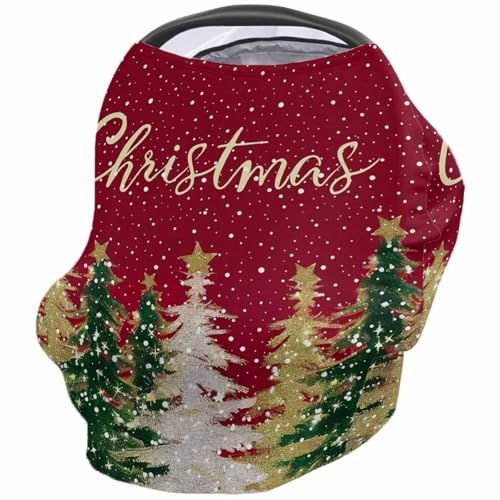 Nursing Cover for Breastfeeding Scarf, Merry Christmas Winter Falling Snow Xmas Tree Dark Red Baby Car Covers Super Soft Multi Use for Canopy Shopping Cart Cover Blanket Stroller Cover