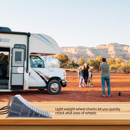 Image of Homeon Wheels RV Camper Large Wheel Chocks Extra Wide with Handle and Rope for Travel Trailers, Cars, Tire Chocks Blocks 2 Packs Hard Plastic Heavy Duty(Gray)