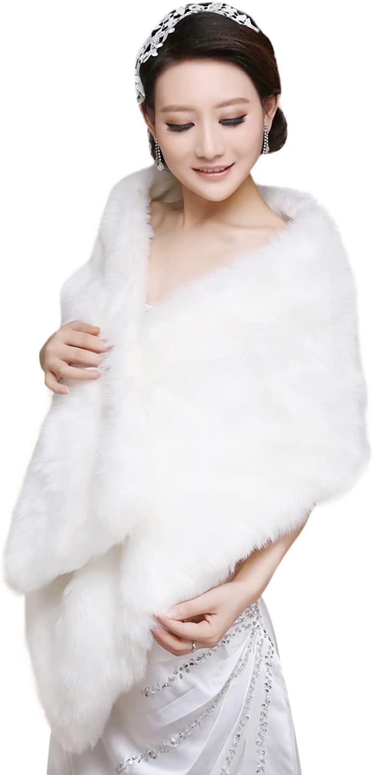 Women's Faux Fur Shawl Wrap - Bridal Furry Cape Winter Warm Shoulder Cape for Wedding, Bridesmaid, Evening Prom - Soft Plush Dress Wrap Stole Tippet - Halloween Fancy Dress Long Jacket Coat