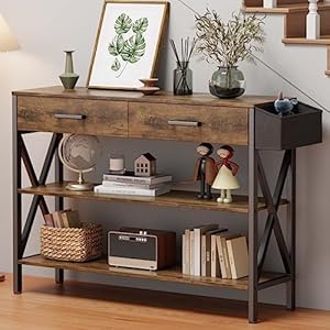 Gizoon 39″ Console Table with 2 Drawers, Industrial Entryway Table with 3 Tier Storage Shelves, Narrow Sofa Table for Entry Way, Hallway, Couch, Living Room, Kitchen, Rustic Brown