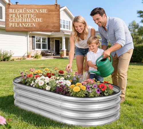 1MORE Verzinktes Hochbeet - Pflanzkübel für den Außenbereich, Hochbeete für Gartenarbeit, 1,2 x 0,6 x 0,3 m, Metall-Gartenbeet für Gemüse, Blumen, Pflanzgefäß Hochbeete mit Werkzeug, Silber, 2 Stück