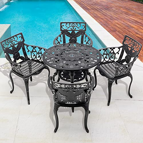 Homefun Retro Patio Dining Sets, Cast Aluminum Outdoor Dining Furniture Set For 4 - With Umbrella Hole For All Weather - Adjustable Feet For Balcony Backyard Deck Garden Bronze Black #TOP1