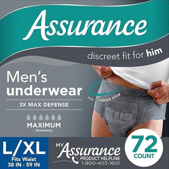 Assurance Mens Incontinence Underwear Large (L/XL) Maximum Absorbency 72 Count