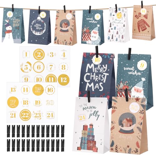 woric DIY Advent Calendar, 24 Christmas Paper Bags with Number Stickers 1-24 & Wooden Clips Make Your Own Advent Calendar 2025