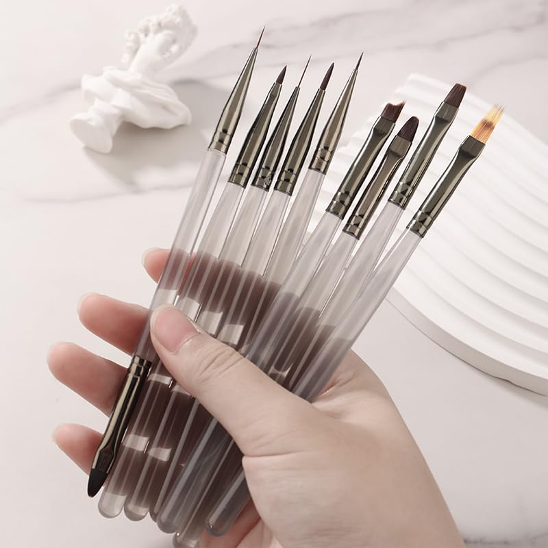 9 Pcs Nail Brush Nail Art Brushes Set, Nails Stuff Art Supplies Tools with Drawing Painting Pen for Extension Gel Polish Liner Dotting, DIY Manicure Tool for Home Salon Use, Grey