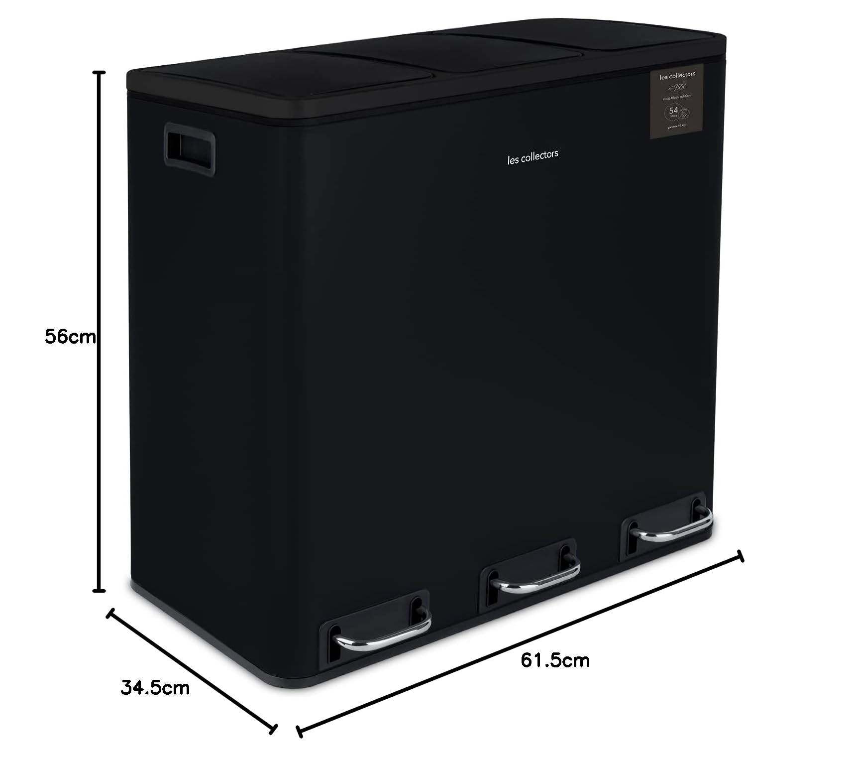 Les Collectors N°988, Papelera de Reciclaje o Basura, 3 contenedores Capacidad 54 L 3x18litros, Acero Inoxidable, Pedal en Acero, Antideslizante, Negro, Acabado Mate