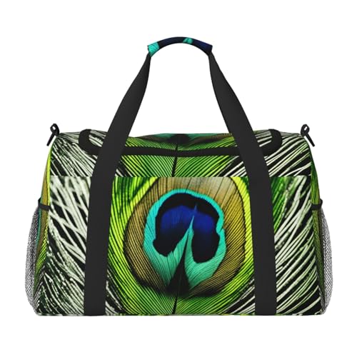 Green Peacock Feather Print Stylish Foldable Carry On Tote with Waterproof Zipper for Weekend Getaways Bag