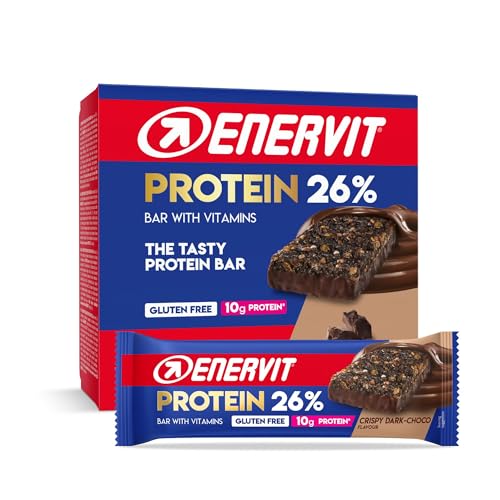 Enervit, Protein Bar 26% Crispy Dark Choco, Barrette Proteiche, 10g di Proteine, con Vitamine D e B6, Gusto Cioccolato, Per il Recupero Dopo lo Sport, Senza Glutine, 12 Barrette da 40g
