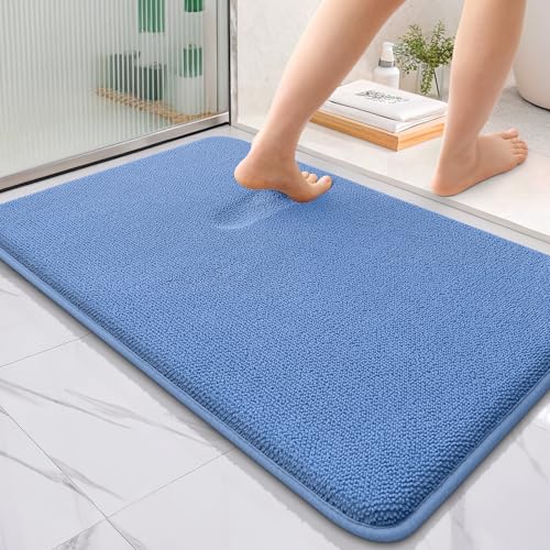 Image of OLANLY Thick Memory Foam Bath Mat Rug 36x24, Extra Soft Absorbent Bathroom Rug, Quick Dry Bath Mat, Non-Slip, Machine Washable Carpet for Floor, Tub and Shower, Home Decor Accessories, Cornflower Blue