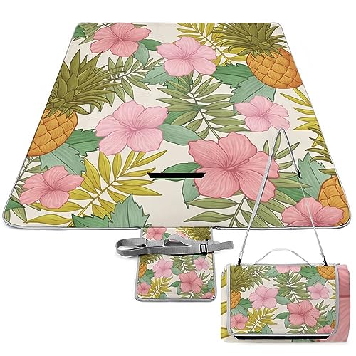 Hand-Drawn-Tropical-flowers1 Picnic Blanket Waterproof Foldable, Large Outdoor Picnic Blanket Beach Blankets Camping Blanket Travel Mat, Shoulder Strap Tote, Rectangle 58x58in