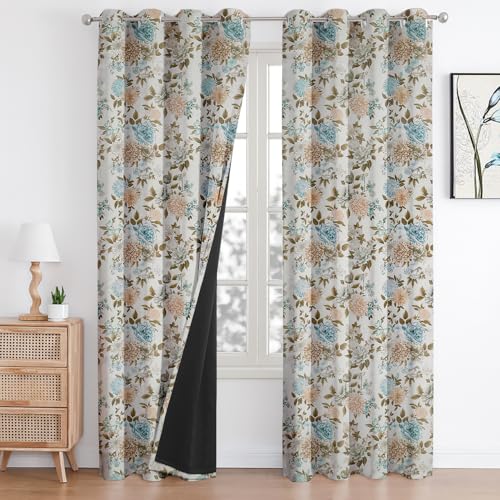 Image of Cloth Fusion Printed 100% Blackout Door Curtains 8 Feet Long Set of 2, Room Darkening Parda with Stainless Steel Grommets for Home Decor (8x4.5 Feet, Blue Blooms)