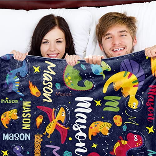 Image of Personalized Dinosaur Blanket for Boys Custom Name Space Blanket for Kids