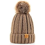 PAGE ONE Womens Winter Thick Cable Knit Beanie Faux Fur Pom Hat Fleece Lined Skull Cap Khaki