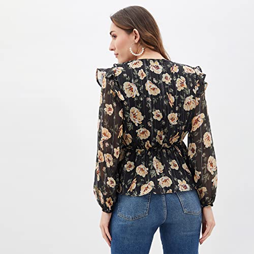 Image of Kibo Women's Black Floral Print Long Sleeve Ruffle Top