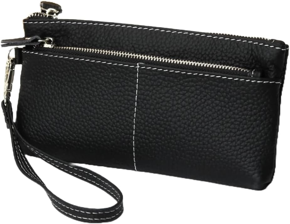 Women Genuine Real Leather Wristlet Wallet Clutch. 3 Zipped Pockets, 6 Credit Card Slots Case Coin Purse (Black)