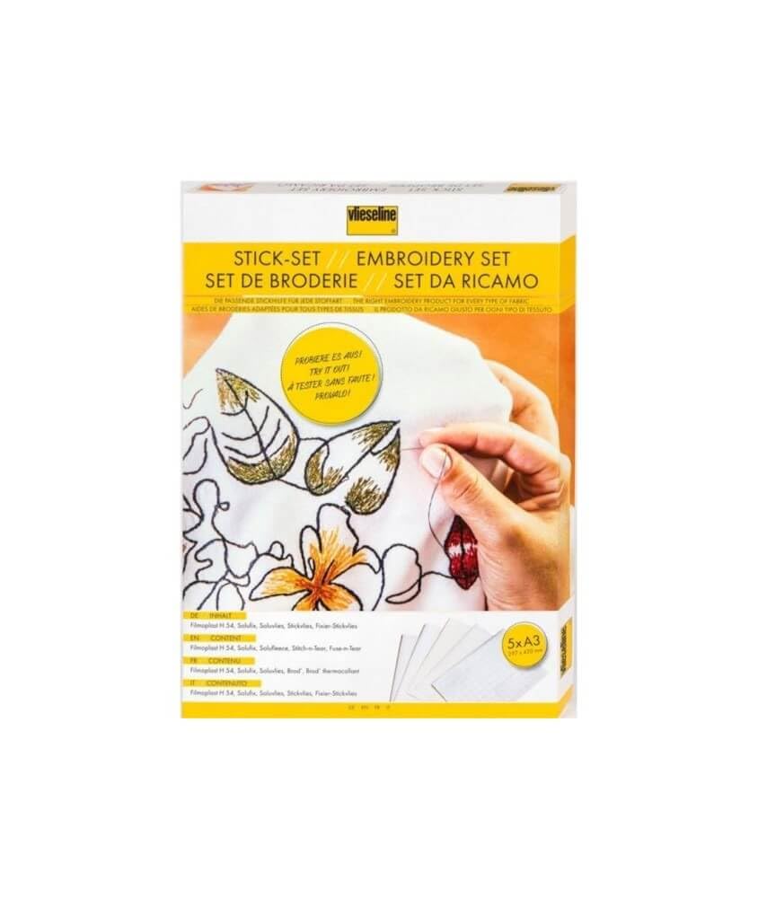 Vlieseline Embroidery Kit 5 x Embroidery Fleece to Try Out, Fixation Stickfleece, Soluvlies, Solufix, Filmoplast H 54