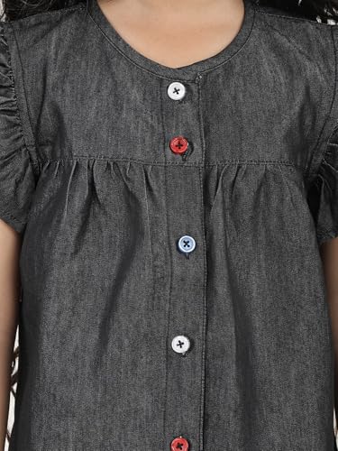 Image of superminis Girls Denim Solid Color Half Sleeves Dress with Embroidered Pocket (1 Dress)