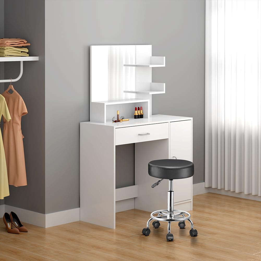 BAKAJI Taburete con ruedas redondas, asiento de piel sintética y base de acero giratorio de 360°, altura ajustable, acolchado con grosor de 10 cm, ideal para casa, esteticista, estudio médico (negro)
