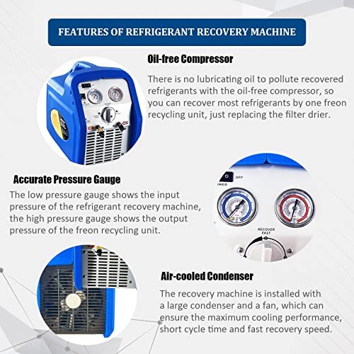3/4 HP Single Cylinder Refrigerant Recovery Machine, 110V 60 Hz Portable Oil-less Freon Recycling Unit for Both Liquid and Vapor Refrigerant, for Automotive A/C System, Household HVAC System