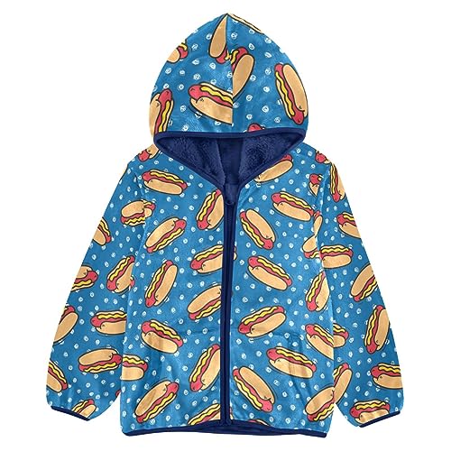 Cartoon Hot Dog Boys Fleece Hoody Jacket Zip Up Coat Warm Fall Winter Plush Jacket Long Sleeve Outerwear