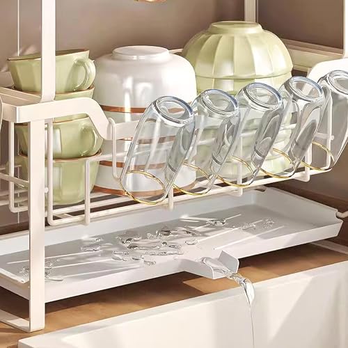 Abtropfgestell für die Spüle, Karbonstahl, Küchenorganizer mit Ablaufschale und 5 Haken, platzsparender Caddy für Küche und Bad