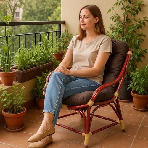 Image of IRA Living Wooden Rattan Arm Chair for Living Room | Single Seater Wooden Cane Chair with Cushion | Handcrafted Natural Wood Armchair for Home, Balcony, Lounge (Brown)