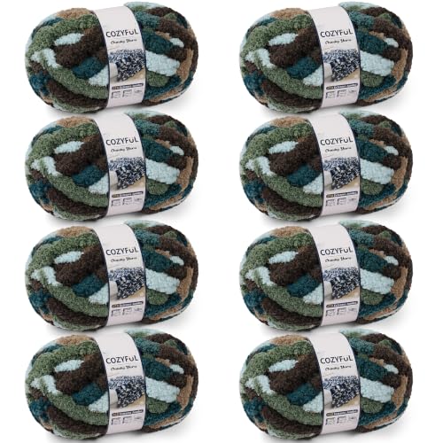 Image of Cozyful Chunky Yarn for Hand Knitting - #10 Chunky Chenille Blanket Yarn, Jumbo Big Thick Chunky Yarns for Crocheting, Tie Dye Bulky Knit Yarns, 8 Skein (20 yds 8 oz Each Skein), Multi Green&Coffee