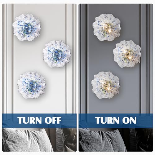 Image of Stained Glass Wall Light Dia 12 inch Wall Lamp with Murano Glass Shade Vintage Vanity Lighting Fixture with Metal Base Flush Mount Wall Sconce 2-Light for Bathroom, Bedroom, Bedside, Entryway