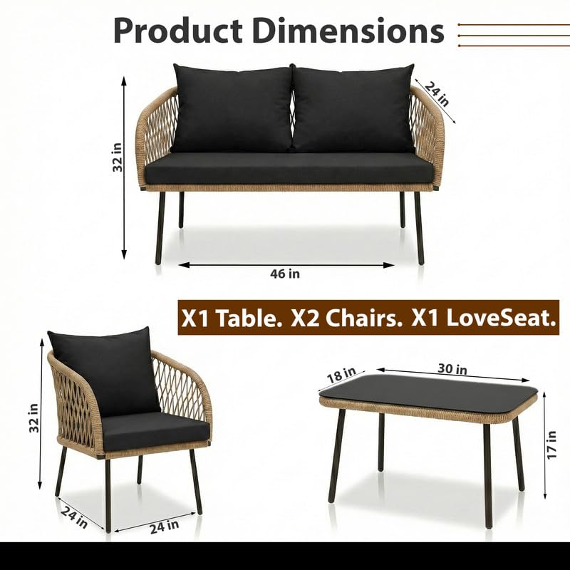 Image of OUTLIVING Braid Rope & Metal Frame Outdoor 4-Seater Sofa Set with Tempered Glass Top Center Table, Water-Repellent Cushions & Handwoven Design for Patio, Garden and Balcony (Beige and Black)