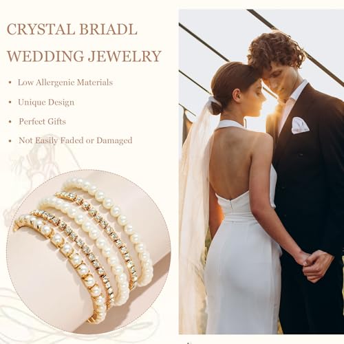 Long tiantian Pearl Bracelets for Women Pearl Jewelry Crystal Rhinestone Bangle Bracelets for Women Beaded Stretch Strand Stackable Bracelets Wedding Jewelry for Brides4