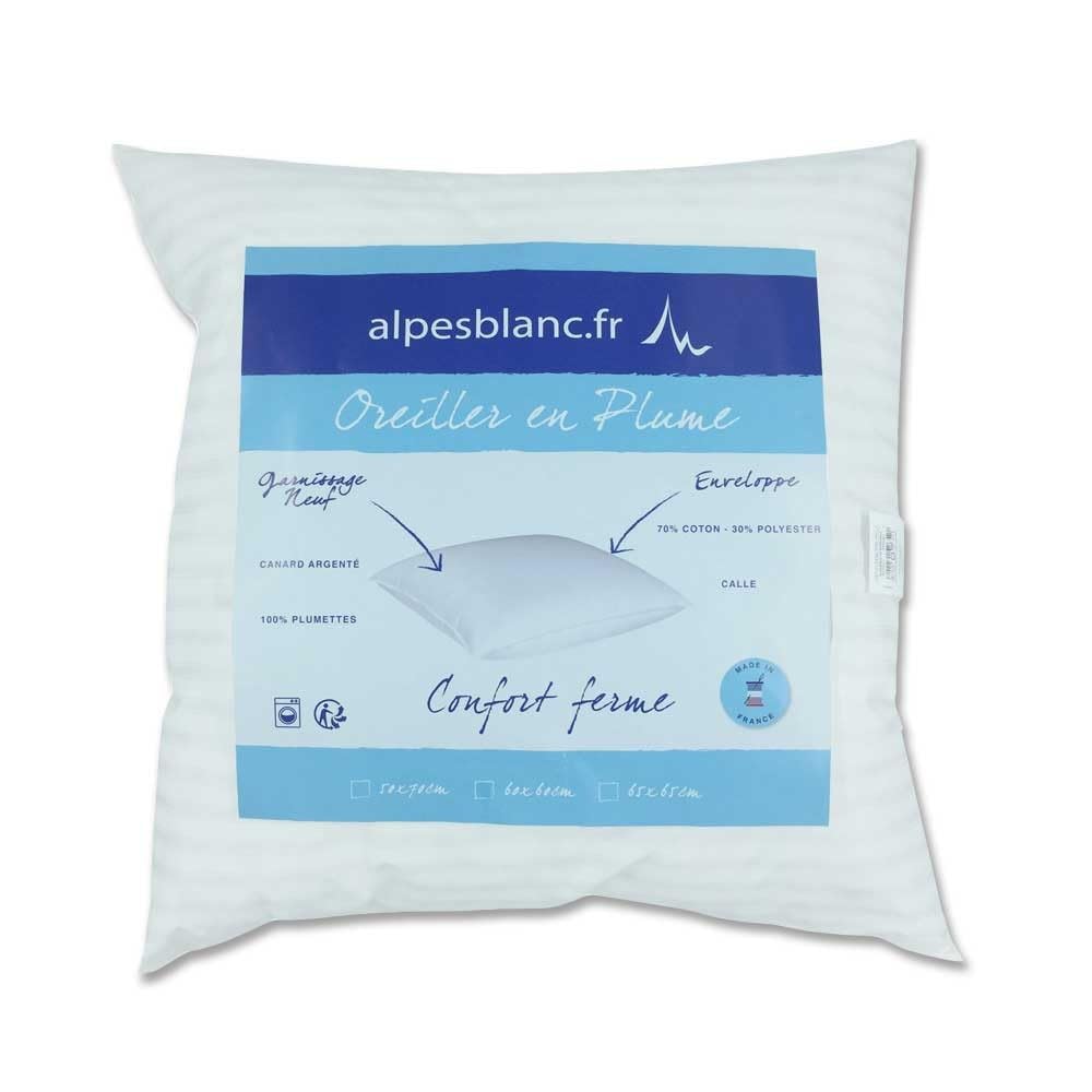 Oreiller naturel 60x60 cm Alpes Blanc 100% plumettes antiacarien