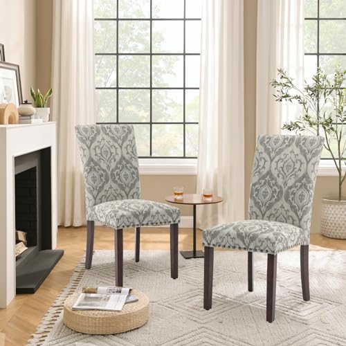 Image of Parsons Dining Chairs Set of 4, Upholstered Nailhead Dining Room Kitchen Side Chair with Thick Cushions and Wood Legs, White /Grey