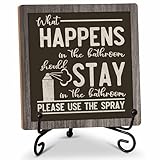 バスルーム装飾木製サイン、What Happen In The Bathroom Should Stay ウッドブロック、5x5インチの木製サインは鉄製スタンド付き、ホームバスルーム、トイレ、トイレの装飾に最適、1~37枚セット