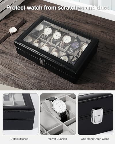 Uten Uhrenbox für 12 Uhren, Uhrenkasten Uhrenschatulle aus PU und Samftfutter mit klarem Fenster, Uhrenkoffer Geschenk
