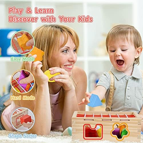 INvench Baby Sensory Toys Wooden Shape Sorter Toys - Wooden Montessori Shape Sorter Toys for 1 2 3 Year Old Birthday Gifts for Baby Boys Girls
