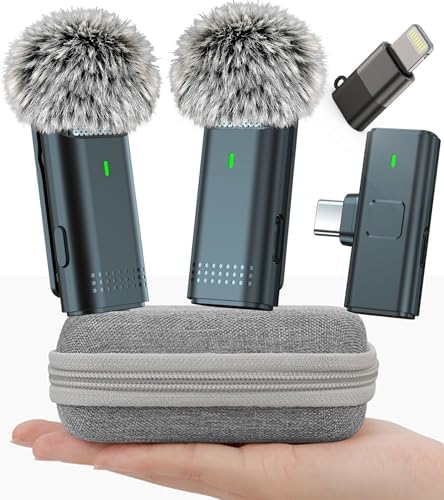 2 Pack Wireless Microphone for iPhone USB C Lav Mic for iPhone 15 Android Phone Video Recording Noise Cancelling Lapel Lavalier Microphone Live Stream Podcast