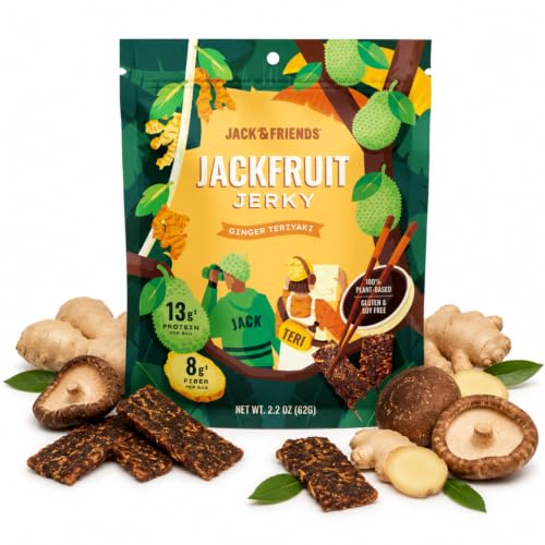Jack &amp; Friends Jackfruit Jerky Ginger Teriyaki - Plant Based Vegan Jerky Snack, Healthy Meatless Jerky Alternative Made from Jackfruit, 13g Protein, 8g Fiber, Gluten Free, Soy Free, Low Sugar, 2.2 oz (1 Pack)