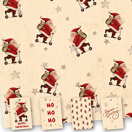 Christmas Wrapping Paper. 8 XL Sheets (50 x 70cm). Santa on Scooter Design. Gift Wrap with Matching Tags. Cutting Grid on Reverse.